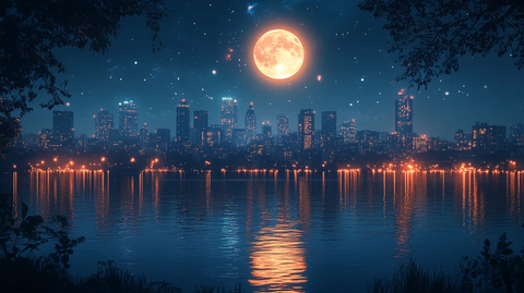 夜色下的城市河流与高楼大厦景观