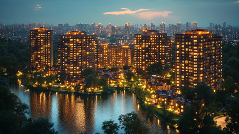 城市夜景俯瞰视角下的灯火通明的居民区