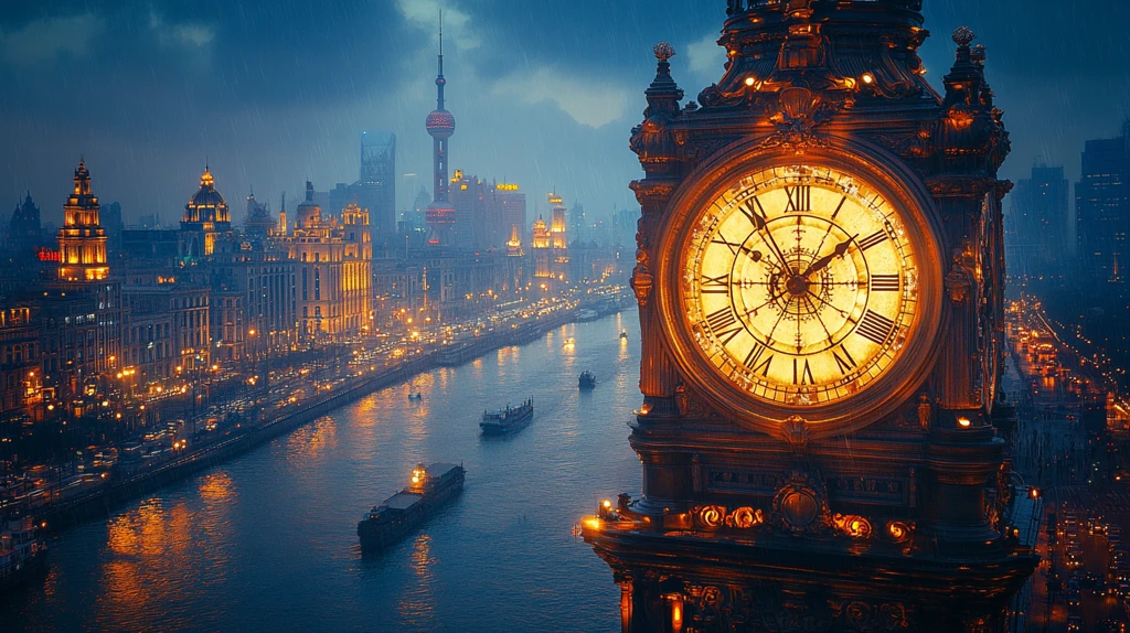 夜晚灯光下的特色钟楼建筑全景