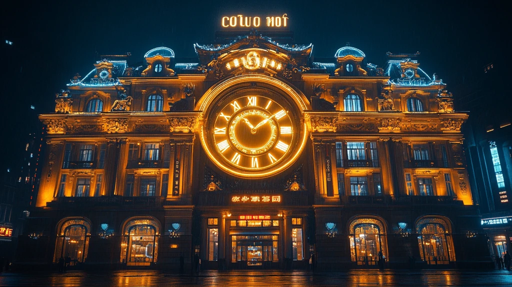 夜晚灯光下的特色钟楼建筑全景