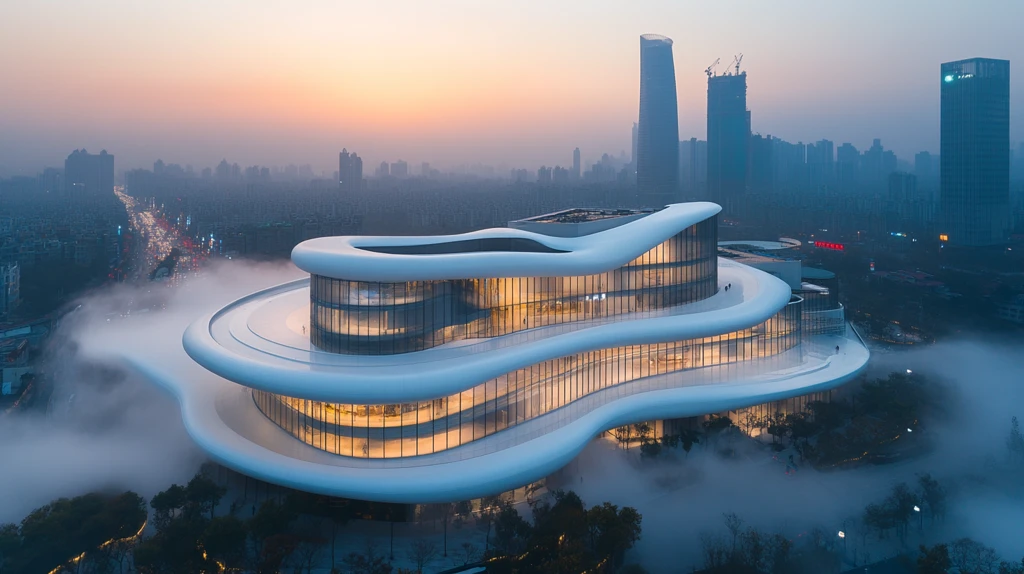 云雾缭绕中的城市摩天大楼鸟瞰全景