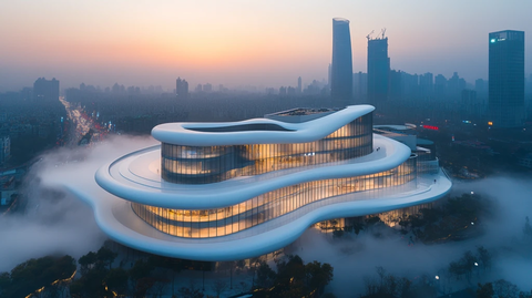 云雾缭绕中的城市摩天大楼鸟瞰全景