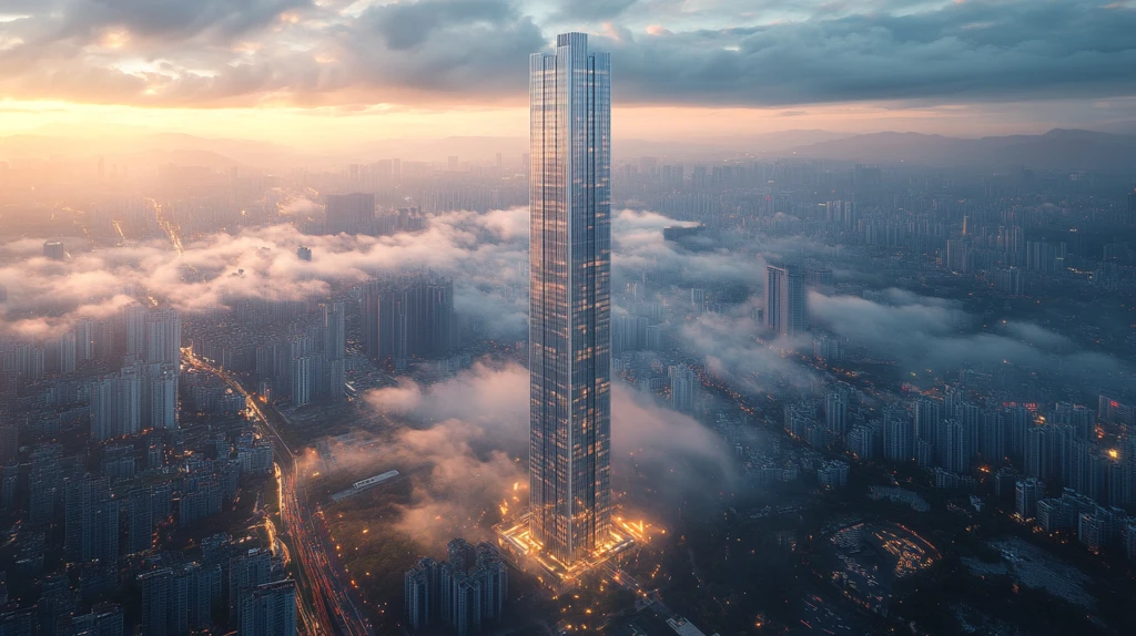 云雾缭绕中的城市摩天大楼鸟瞰全景