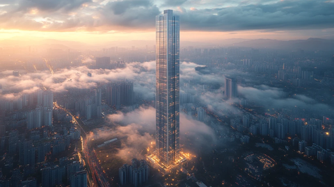 云雾缭绕中的城市摩天大楼鸟瞰全景