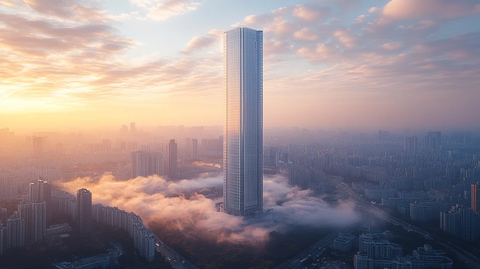 云雾缭绕中的城市摩天大楼鸟瞰全景