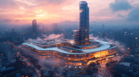 云雾缭绕中的城市摩天大楼鸟瞰全景