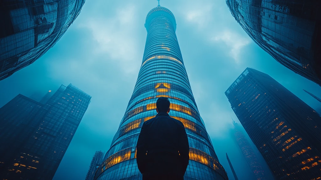 仰视视角下的东方明珠塔全景