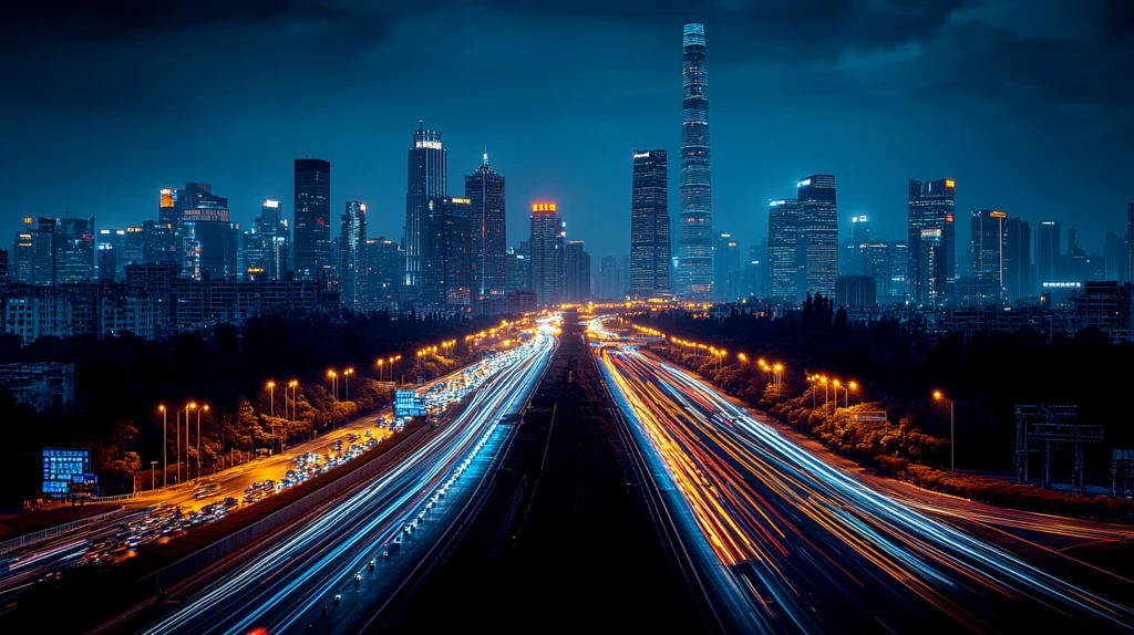 城市中心摩天大楼夜景与流光车轨全景