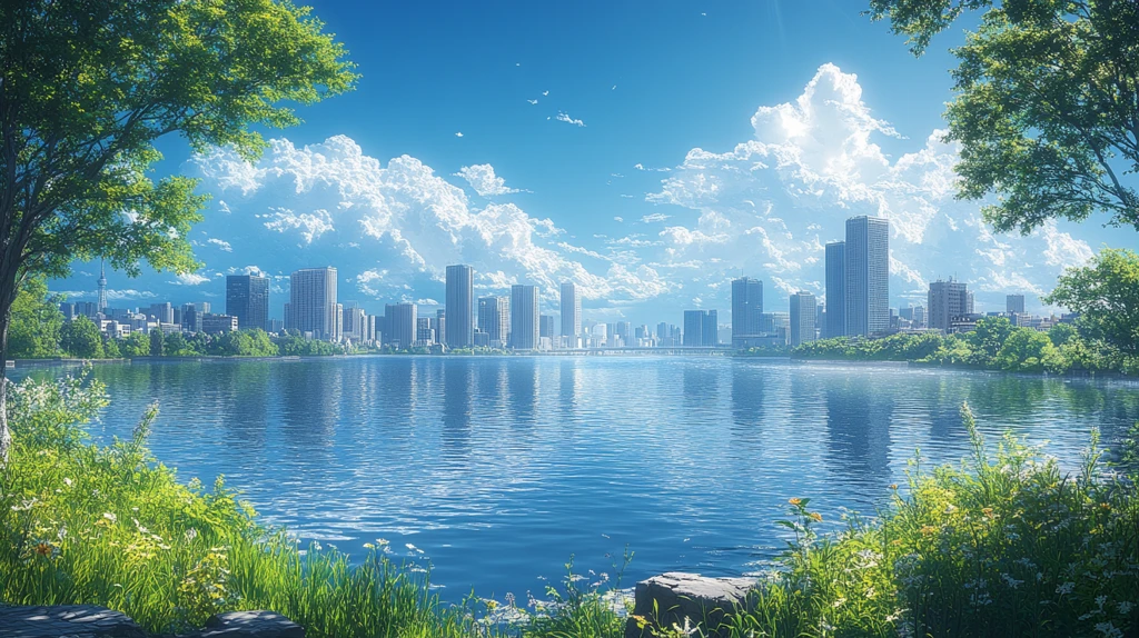 城市河流边的现代高楼建筑景观