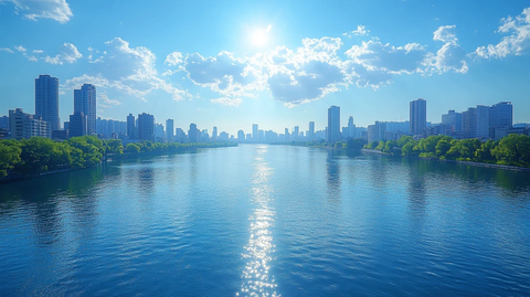 城市河流边的现代高楼建筑景观