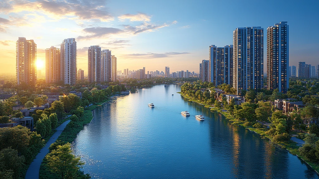 城市河流边的现代高楼建筑景观