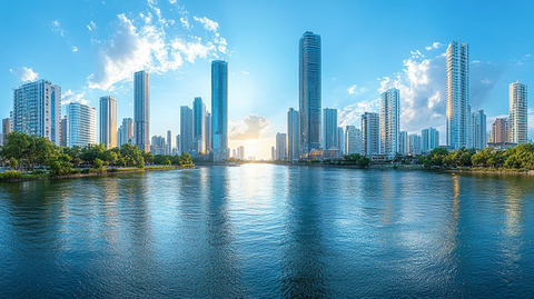 城市河流边的现代高楼建筑景观