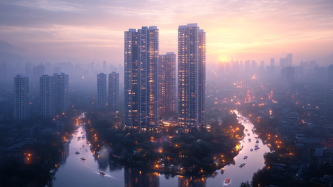 雾霭笼罩下的城市高楼鸟瞰全景