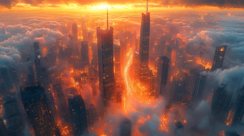 云雾中俯瞰城市摩天大楼的壮丽景象