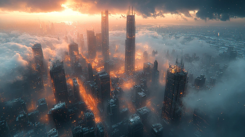 云雾中俯瞰城市摩天大楼的壮丽景象