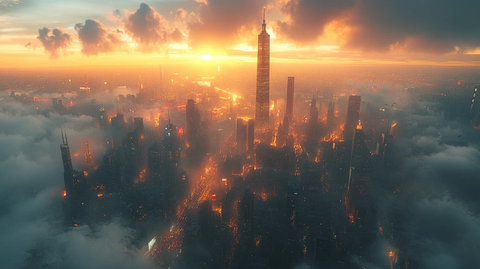 云雾中俯瞰城市摩天大楼的壮丽景象