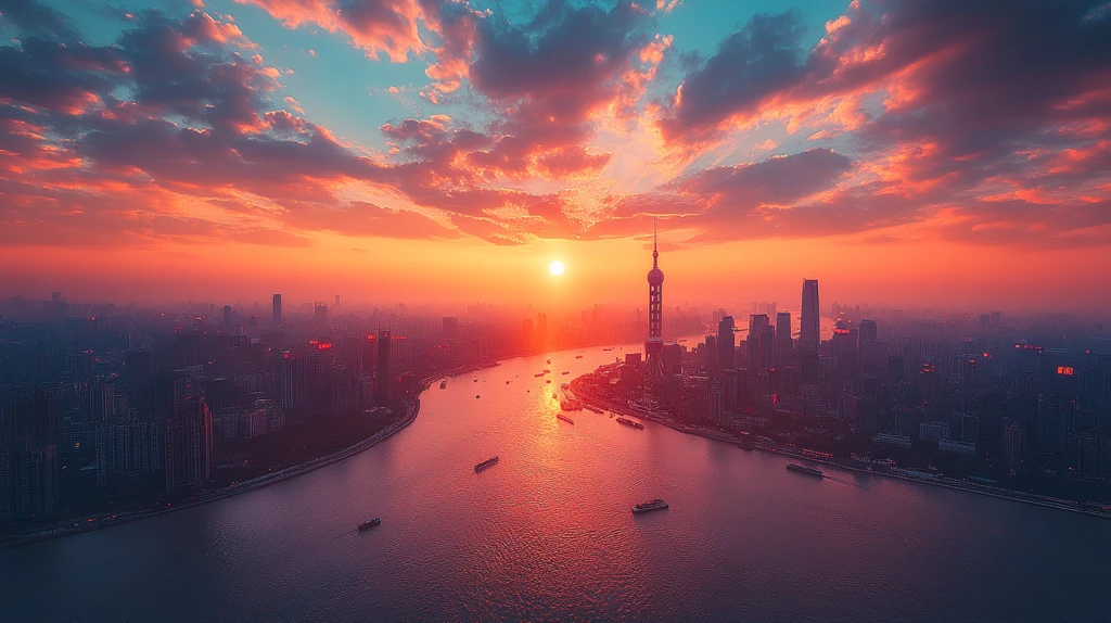 日落时分航拍城市河流的全景