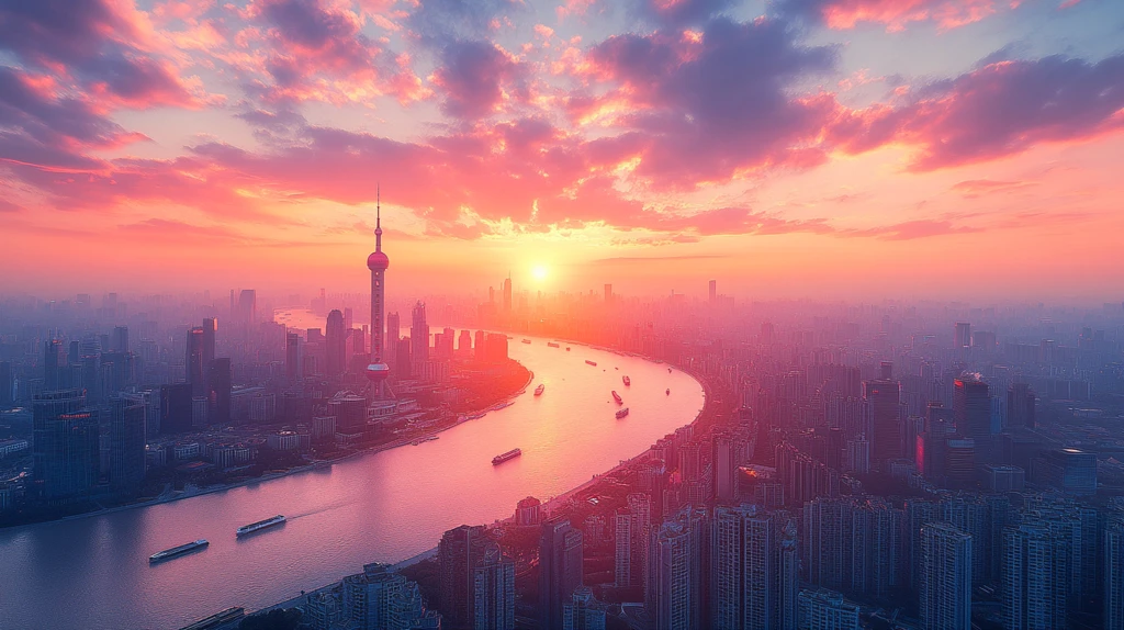 日落时分航拍城市河流的全景