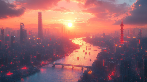 暮色下灯火辉煌的现代化大都市全景