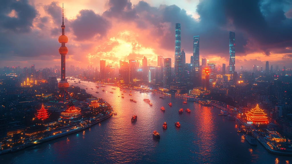 暮色下灯火辉煌的现代化大都市全景