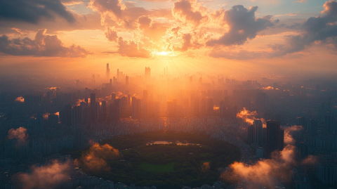 云雾中的城市高楼鸟瞰全景