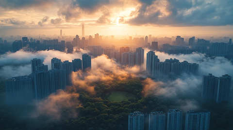 云雾中的城市高楼鸟瞰全景