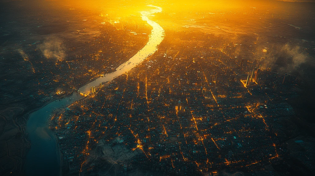 城市鸟瞰图展示城市建筑与河流分布