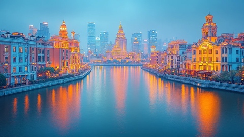 灯火辉煌的城市夜景下的河畔建筑