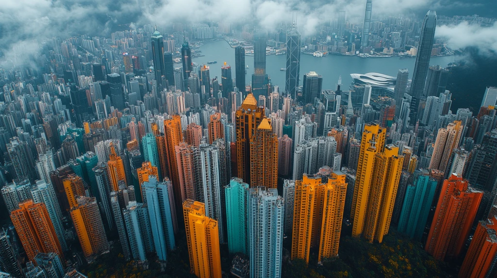 雾中城市夜景俯瞰全景