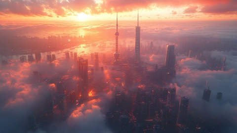 云雾中俯瞰现代化都市的摩天大楼群