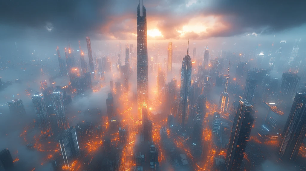 云雾中俯瞰现代化都市的摩天大楼群