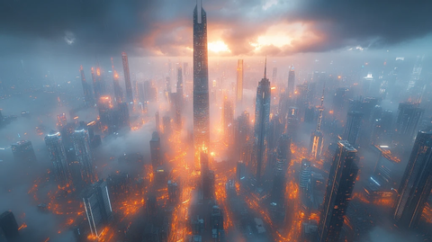 云雾中俯瞰现代化都市的摩天大楼群