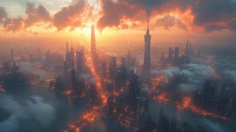 云雾中俯瞰现代化都市的摩天大楼群