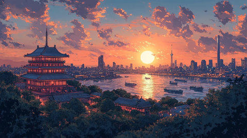 古建筑群与现代都市建筑相映成趣的景致