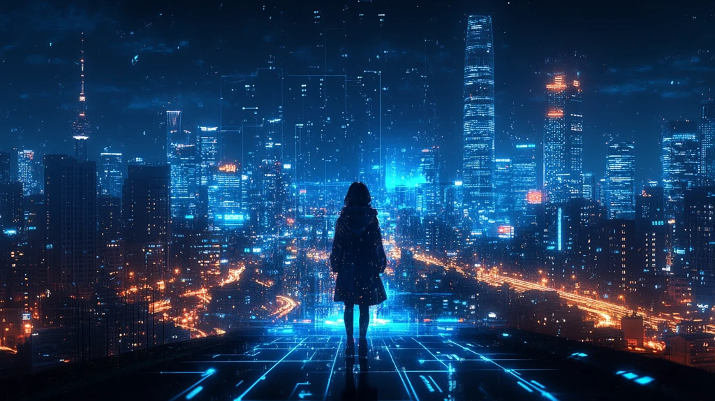 现代化都市夜景中的城市建筑与车流