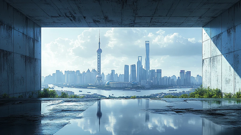 透过建筑框架看东方明珠及陆家嘴建筑群