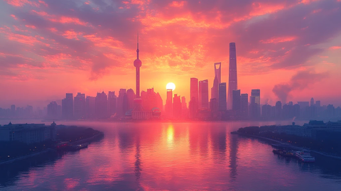 上海东方明珠旁的城市天际线剪影