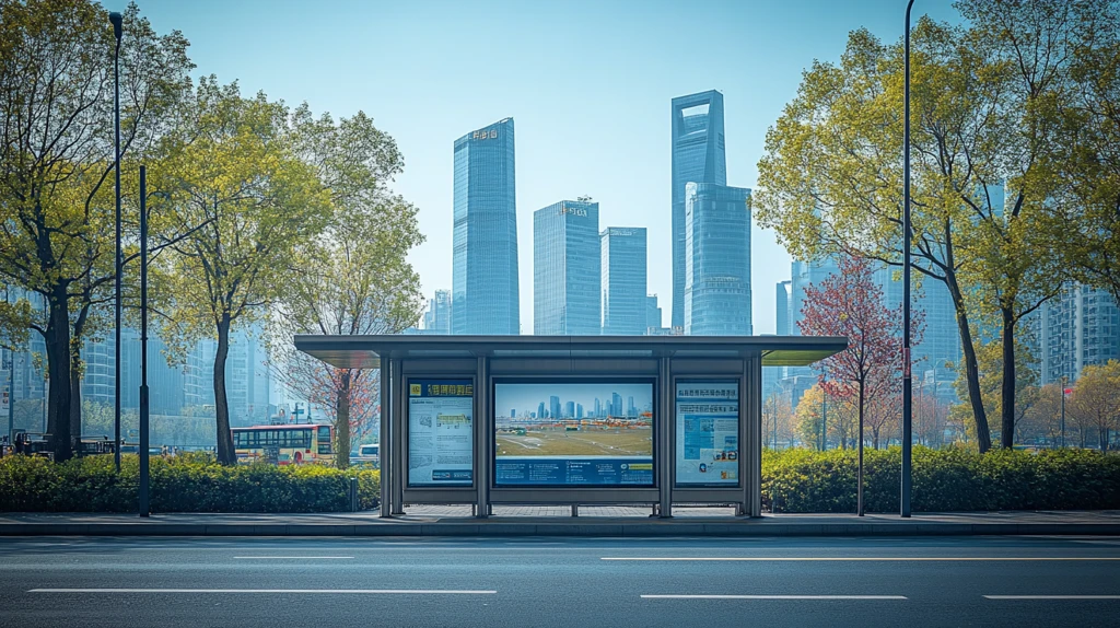 城市街道边带有广告栏的公交站台