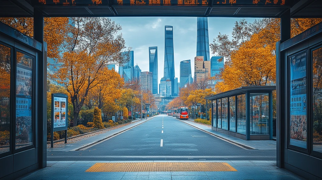 城市街道边带有广告栏的公交站台