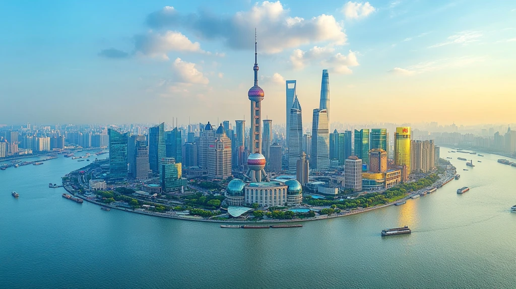 黄浦江畔的上海城市天际线全景