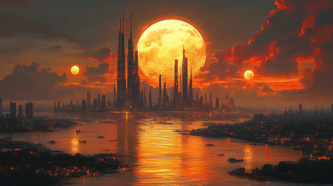 夕阳下城市河流的航拍全景