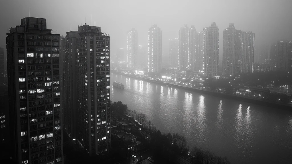 雾霭中灯火通明的城市夜景