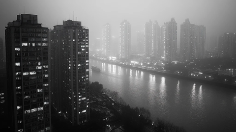 雾霭中灯火通明的城市夜景