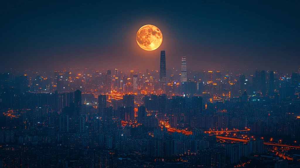 满月下灯火辉煌的城市夜景