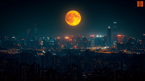 满月下灯火辉煌的城市夜景