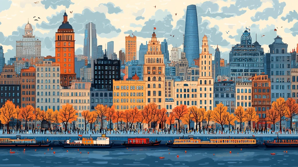 城市滨水区域的热闹景象