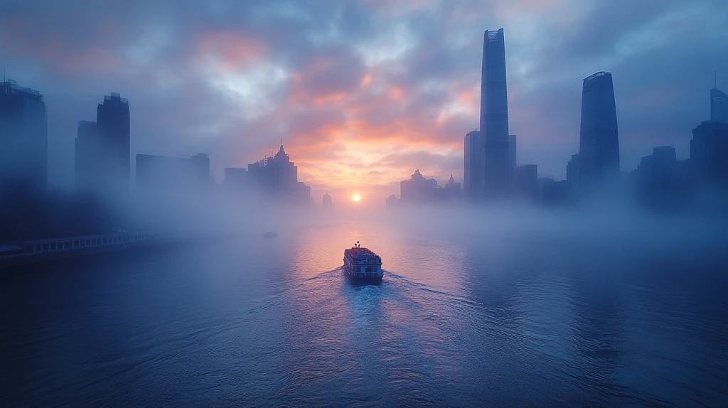 东方明珠下的城市景观与江面风景