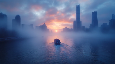 东方明珠下的城市景观与江面风景