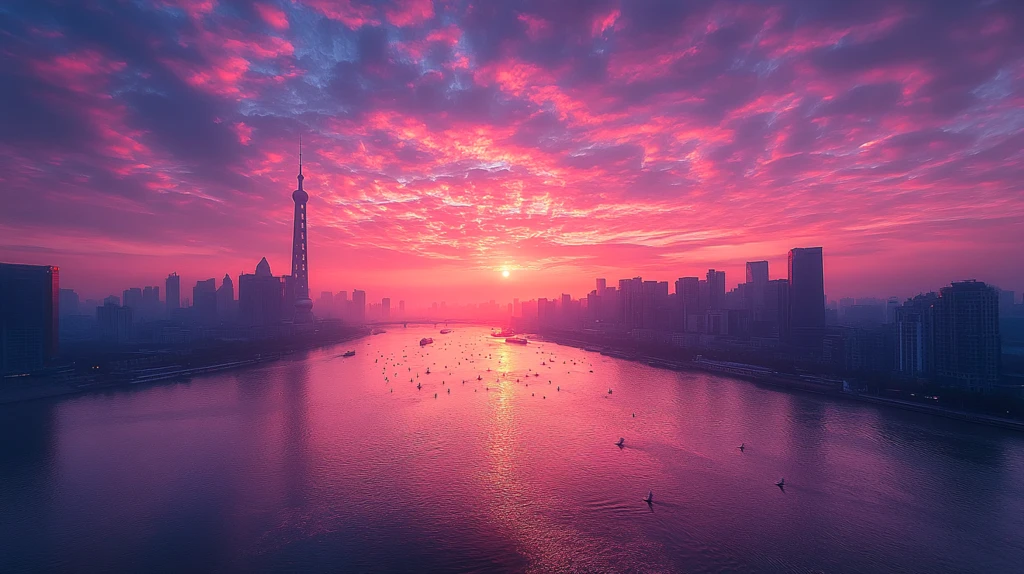 东方明珠下的城市景观与江面风景