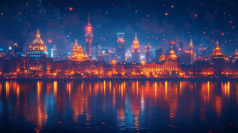 繁华都市夜景江畔灯火通明的城市风光